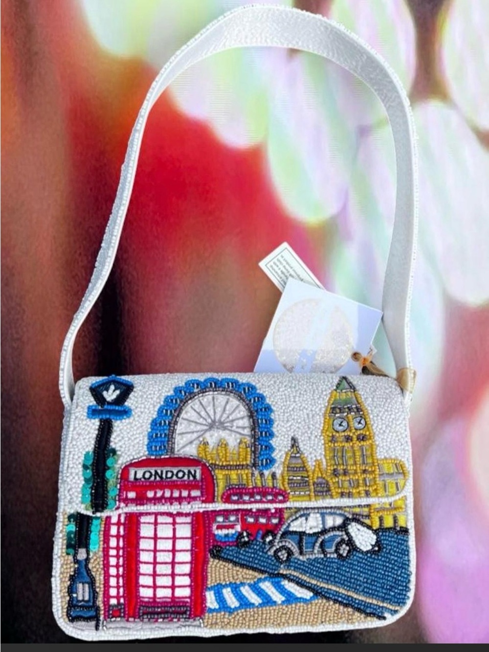 NWT From India To You White beaded London street scene Purse SMALL